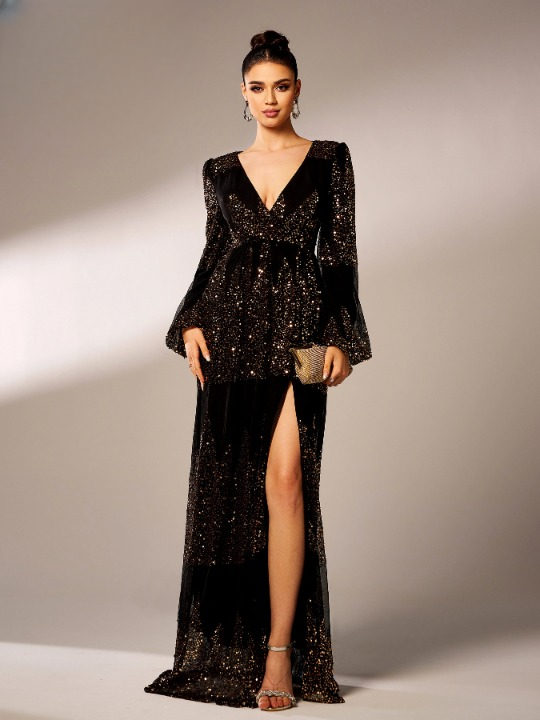 V Neck Chic Lantern Sequin Split Gown Prom Formal Elegant Maxi Dresses