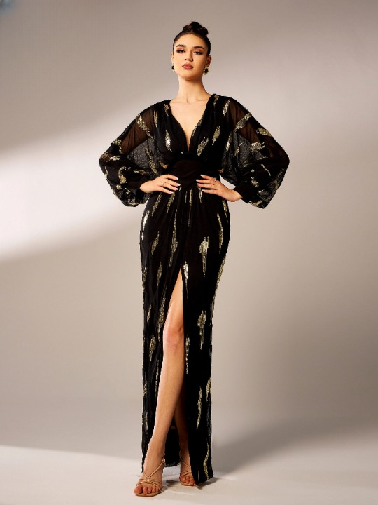 V Neck Sequin Split Gown Prom Lantern Sleeve Prom Elegant Party Maxi Dresses