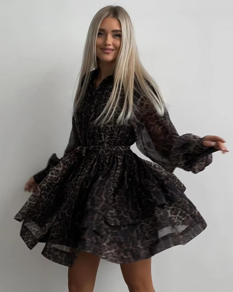 Vintage Waist Pleated Lapel Long Sleeve Leopard Print Mini Dress