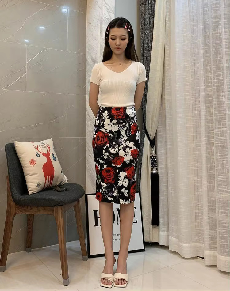 Rose Printed Style High Waist Slim Split Bag Hip Zipper Fashion All-match Skirt