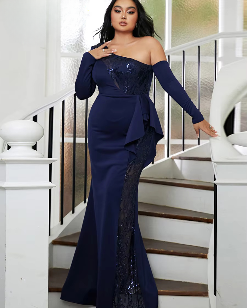 Mesh Sequin Draped Prom One Shoulder Long Sleeves Elegant Maxi Dresses