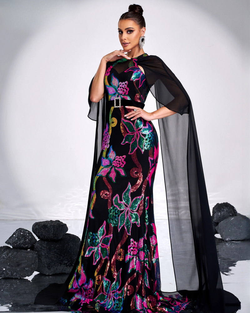 Round Neck Sequin Gown Floral Cocktail Mermaid Elegant Maxi Dresses