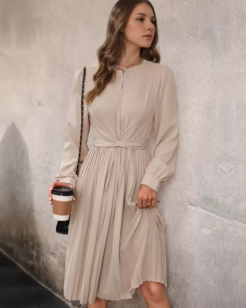 Casual Jewel Neck Long Sleeves Lace Up Flared Midi Skater Dress