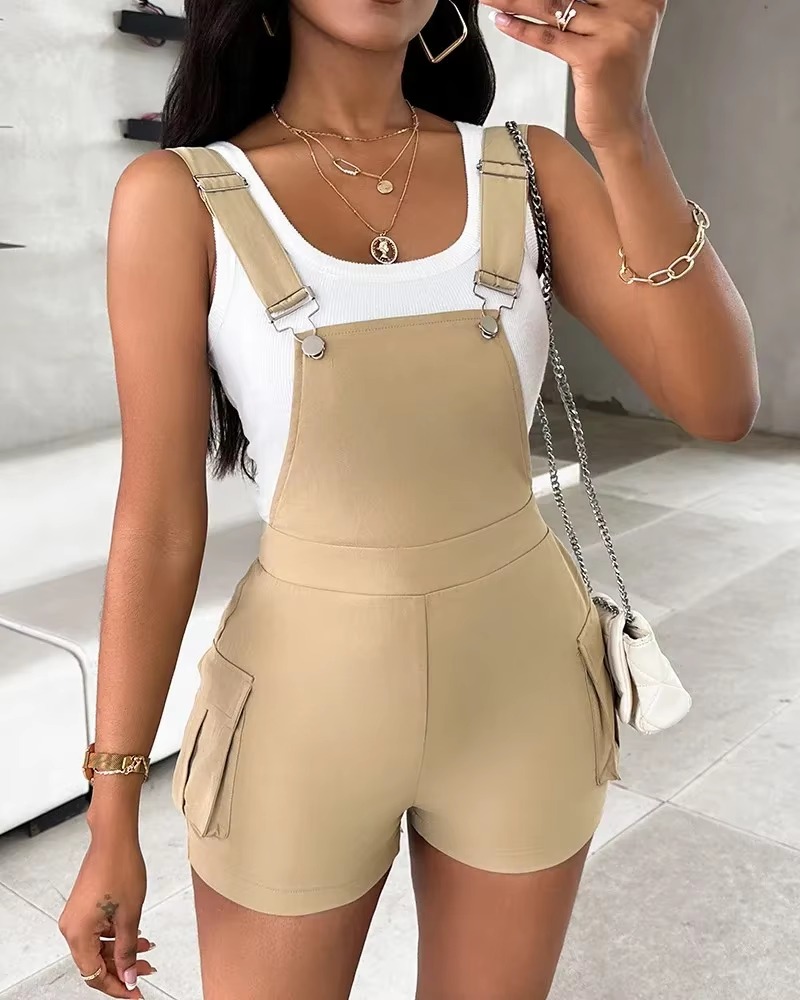 Casual Pocket Design Short Asymmetrical Neck Mid Waist Jumpsuit
