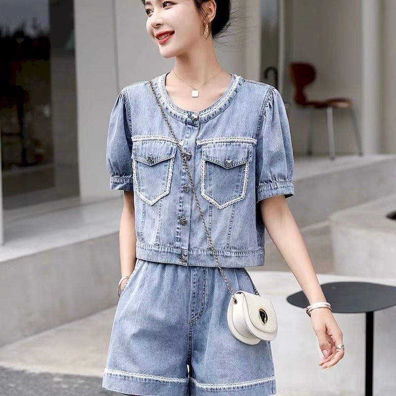 Casual Short Sleeve Jean Blouse Fried Street Loose Denim Shorts Two Piece Set