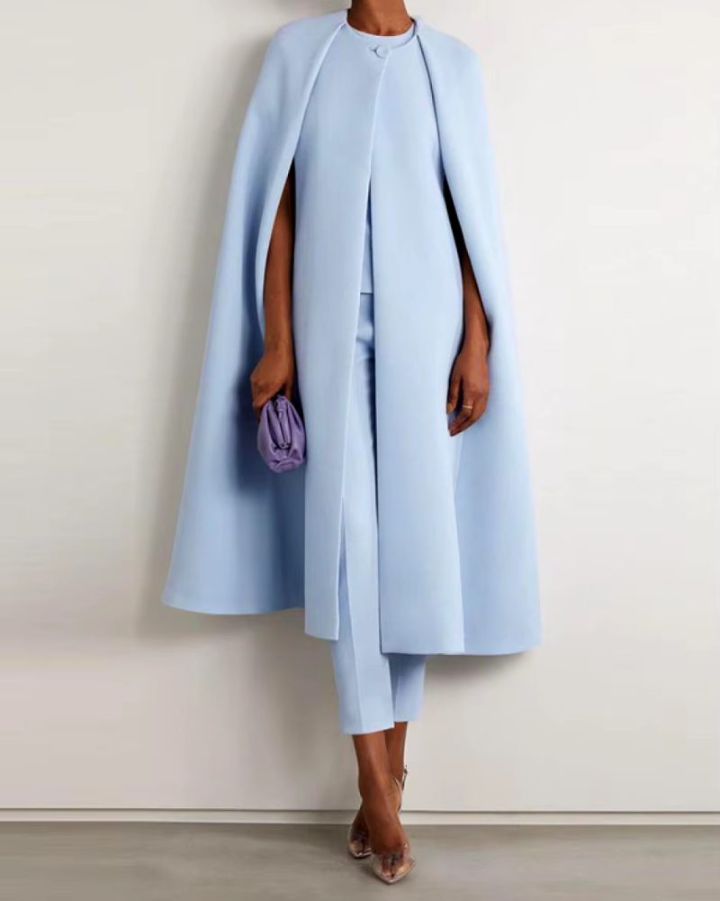 Casual Solid Color Round Neck Cape Long Coat Mid Waist Cropped Pants Two Piece Set