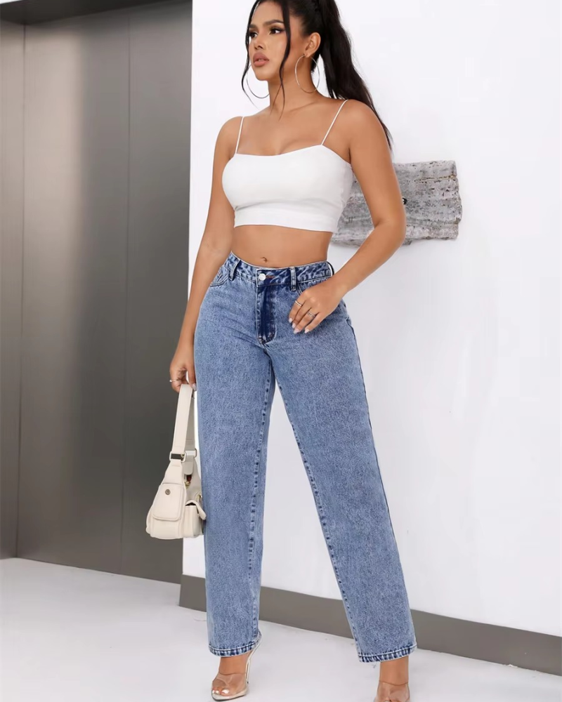 Casual Streetwear Denim Straight Vintage Mid Waisted Long Trousers