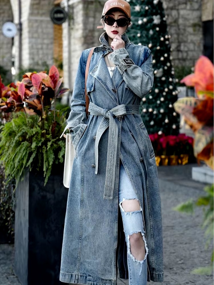 Denim Lapel Long Sleeve Belt Patchwork Loose Vintage Windbreaker Trench Coats