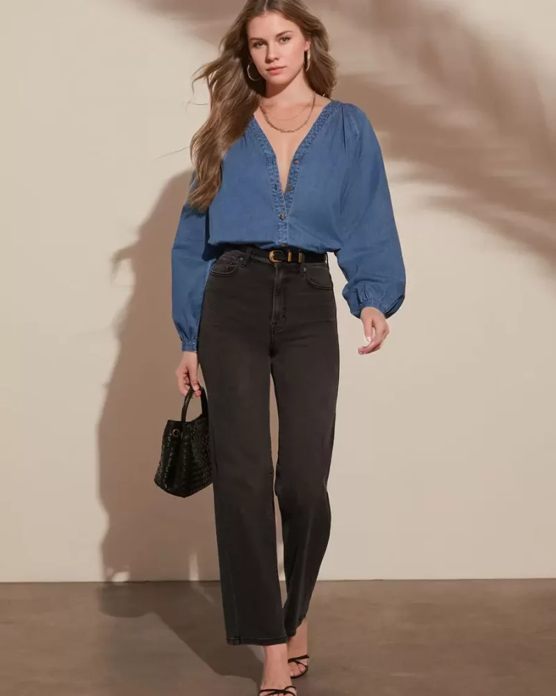 Denim V-Neck Chic Buttons Long Sleeves Daily Casual Blouse Tops
