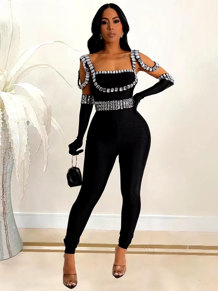Elegant Backless Rhinestone Bodycon One Piece Rompers Evening Clubwear Jumpsuits with glove
