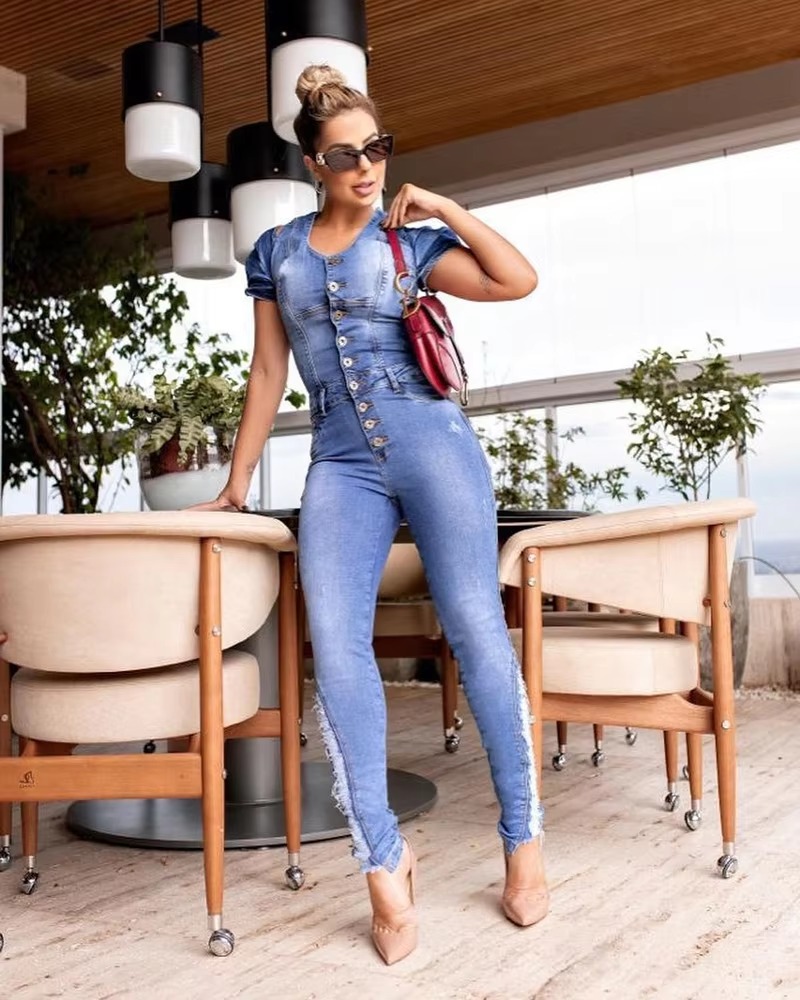 Elegant Casual O-neck Denim Ripped Jeans Straight Overalls Jumpsuit