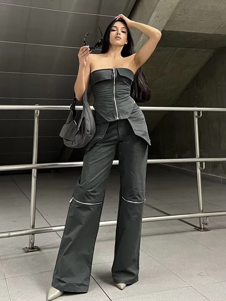 Elegant Strapless Pockets Sleeveless Zipper Tops Skinny Hipster Flared Pants Suit Two Piece Set