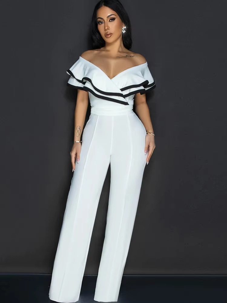 Elegant Off Shoulder Trim Ruffle Bust Wide Legs Jumpsuit Rompers