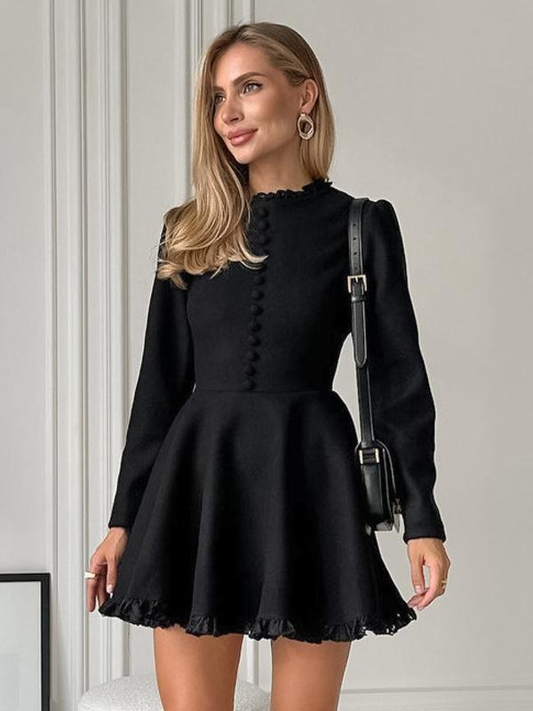 Elegant Solid Color Long Sleeves Buttons Ruffles Trim Mini Skater Dress
