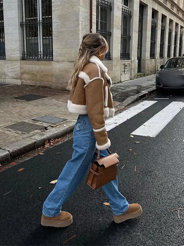 Elegant Spliced Leather Lapel Long Sleeves Street Outwear Cropped Jacket