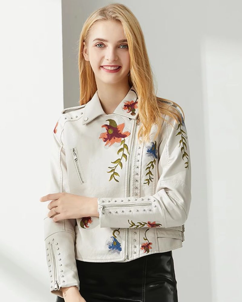 Floral Embroidered Turn-down Collar Full Sleeve Faux Leather PU Jacket