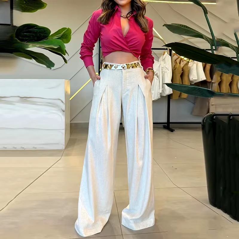 Elegant Long Sleeve Solid Lapel Twist Knot Shirt Top Loose Wide Legs Pants 2 Piece Set No Belt