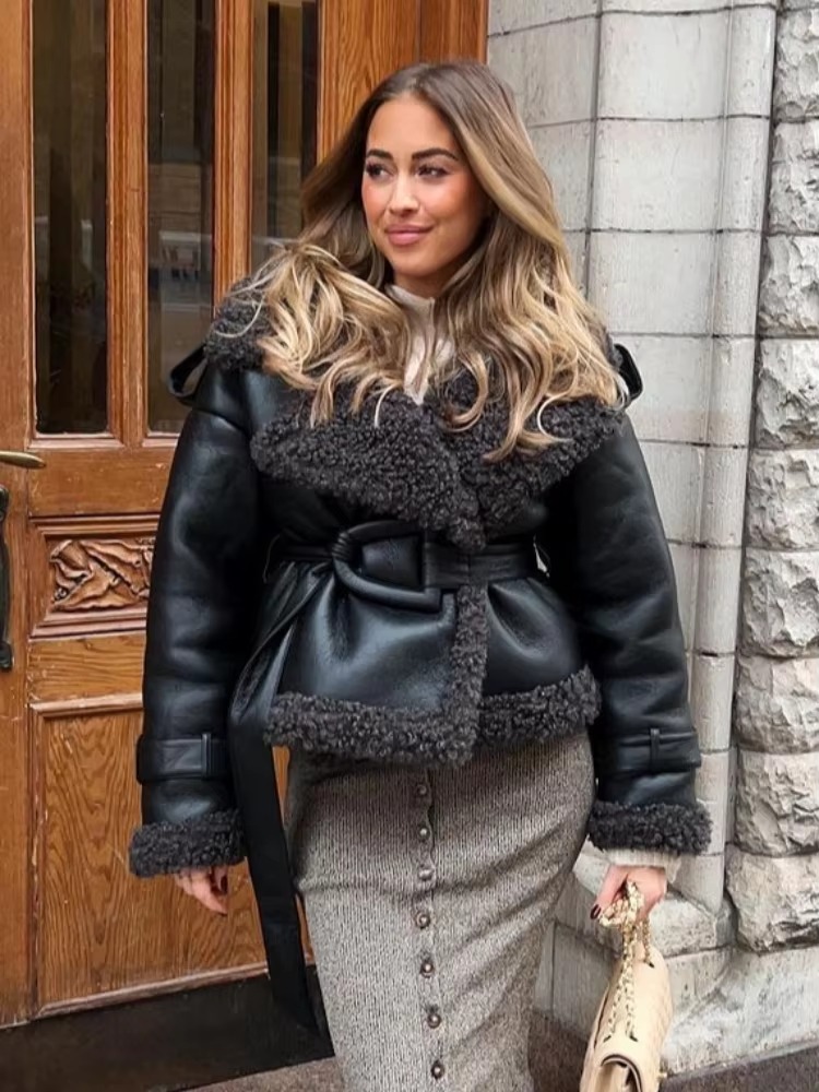 Luxury Fur Splicing Thicken Warm Leather Streetwear Big Lapel Belt Cropped Jackets