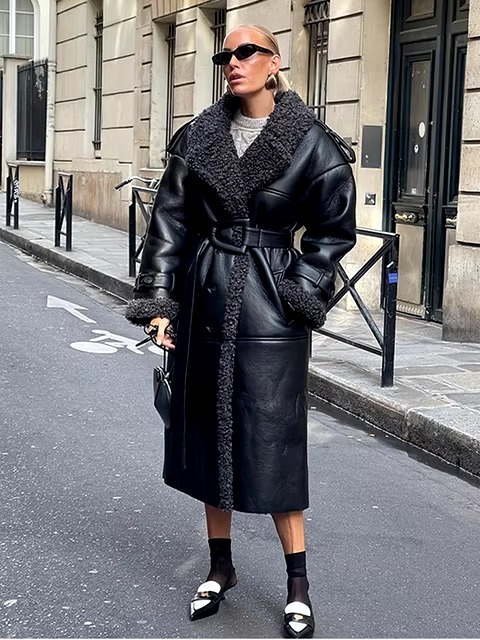 Luxury Turn down Collar Splicing Leather High Street Big Lapel Belt Jackets