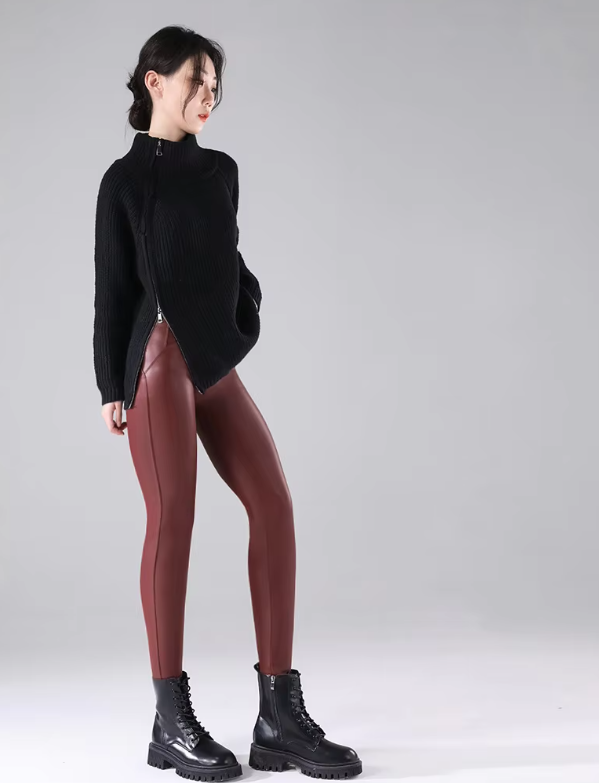 Elegant Matte PU Leather High Waist Slim Elastic Fleece Warm Leggings