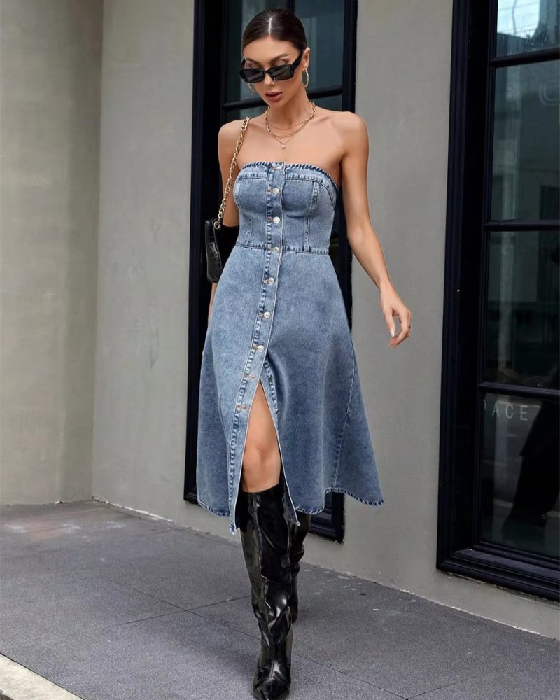 Vintage Button Front Tube High Waist Streetwear A-line Long Dress