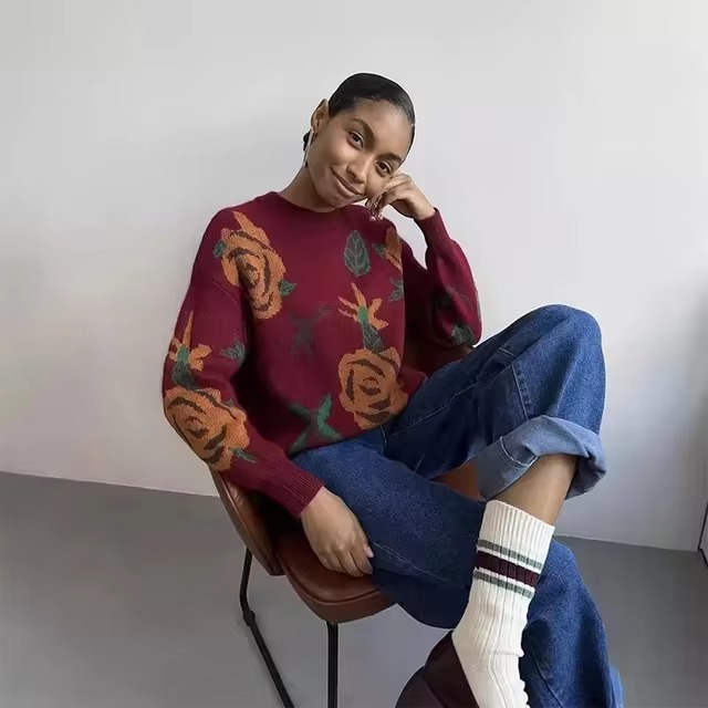 Vintage O-neck Long Lantern Sleeve Pullover Casual Knitted Floral Print Sweaters