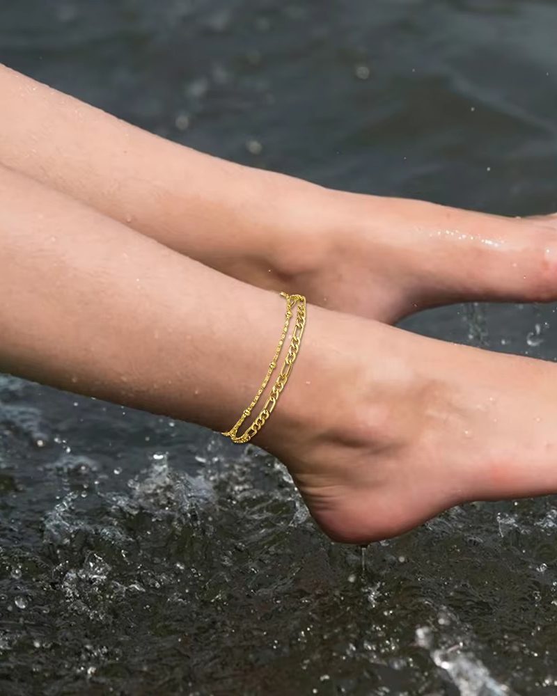 2Pcs Stainless Steel Cuban Rice Bead Chain On Foot Ankle