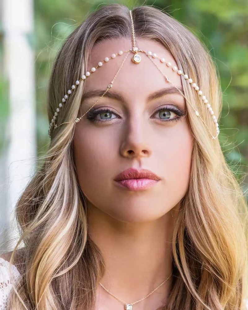 Bohemian Rhinestone Pearls Wedding Bridal Multilayer Pendant Forehead Headband