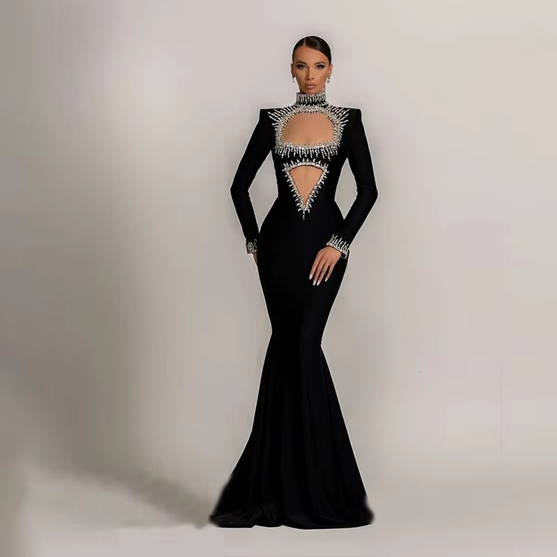 Casual Full Sleeve Mesh perspective Celebrity Cocktail Party Bandage Long Dress