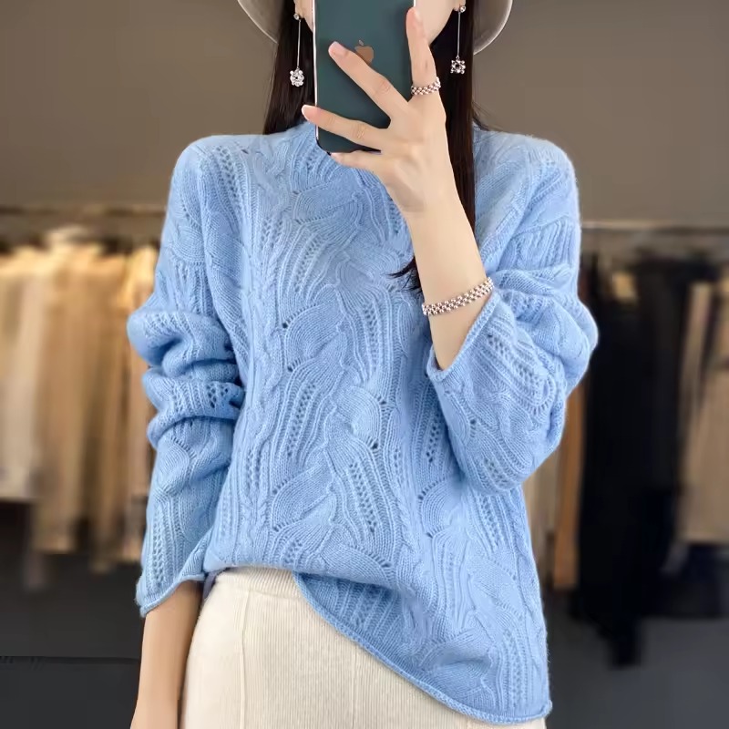 Casual Knitted Hollow Half High Collar Wool Sweater