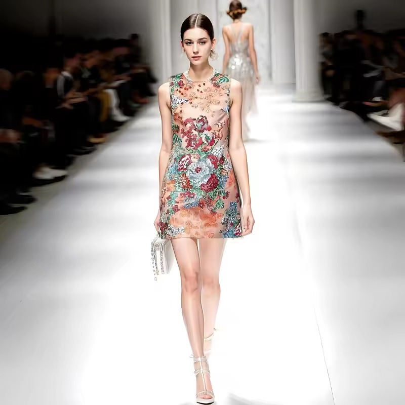 Casual Round neck printed diamond boutique runway slim fit dress