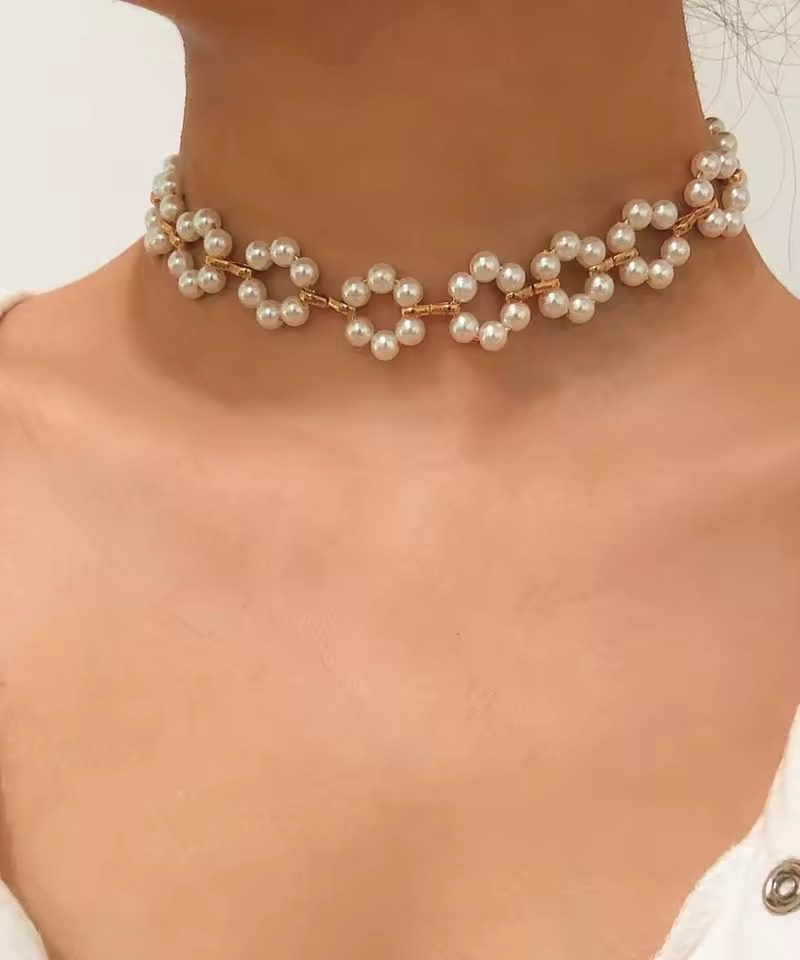 Chic Cute Hollow Flower Simulation Pearl Retro Necklace Party Banquet Jewelry