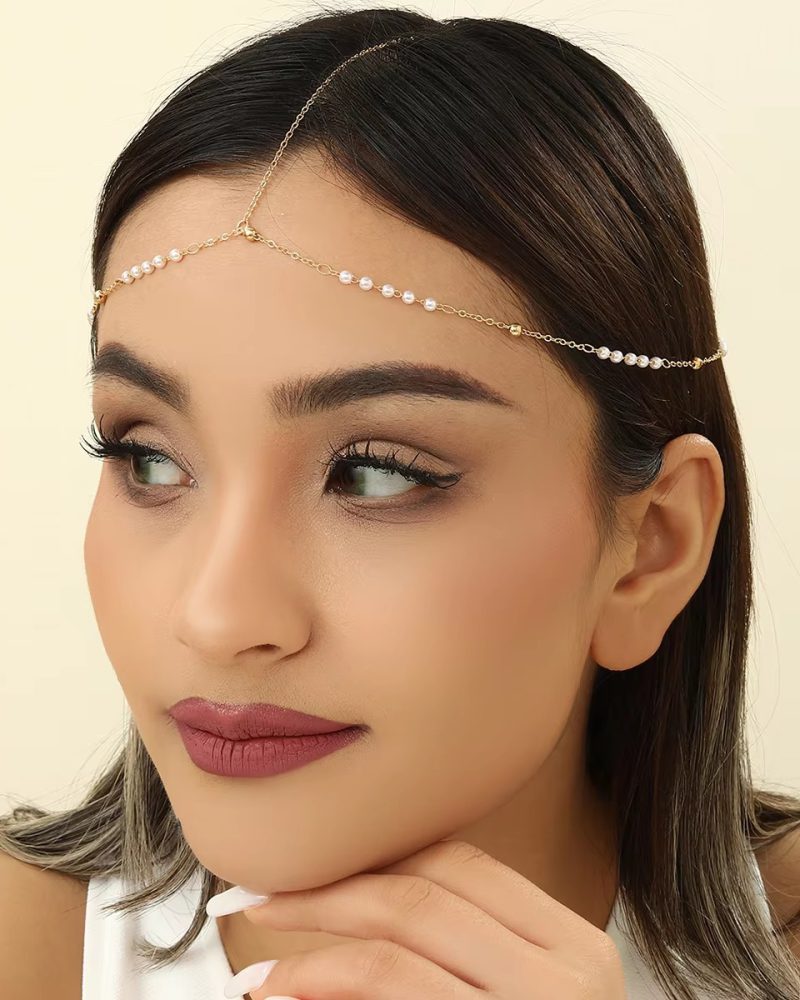 Elegant Bling Bridal Boho Headpiece Imitation Pearl Link Chain