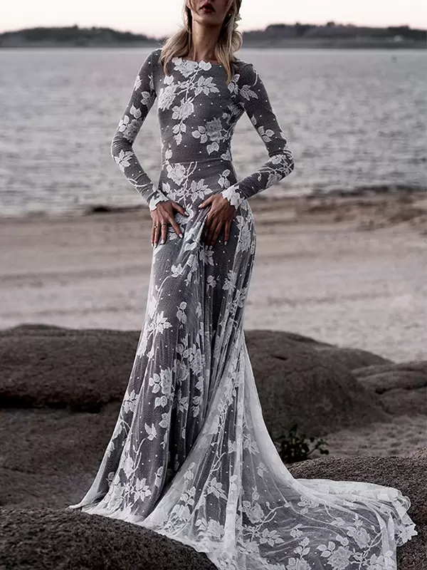 Elegant Long Sleeves Lace Lace With Train Wedding Ball Gown