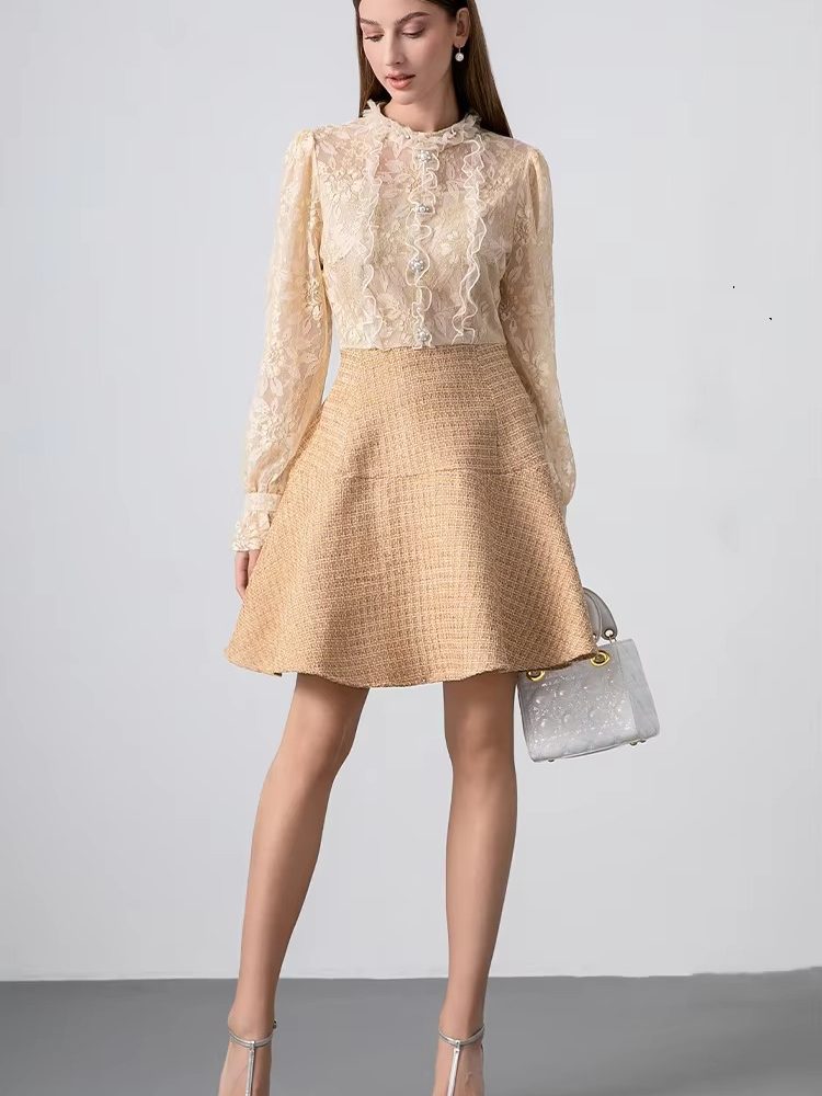 Boutique Lace Splicing Fake Two Small Fragrant Tweed Luxury Beaded Woolen Dresses