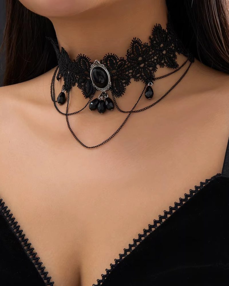 Lace Rope With Crystal Beads Charm Necklace Dark Style Tassel Choker Jewelry