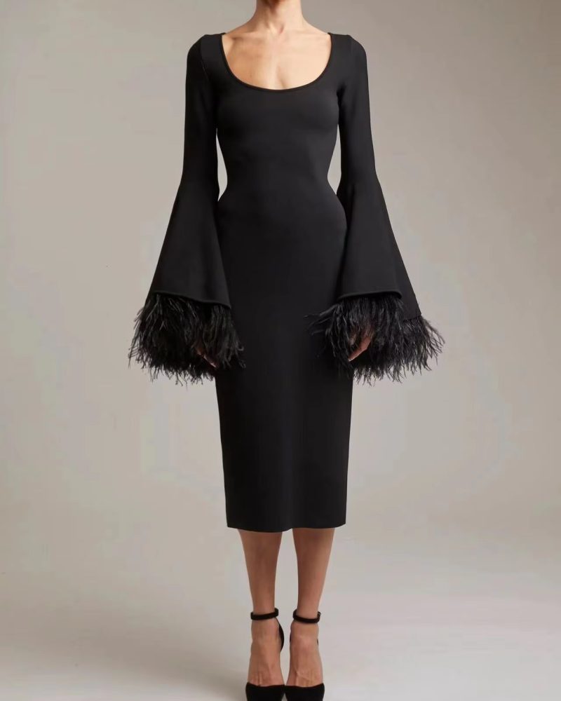 Elegant Long Sleeve Feather Boutique Cocktail Party Bandage Dress