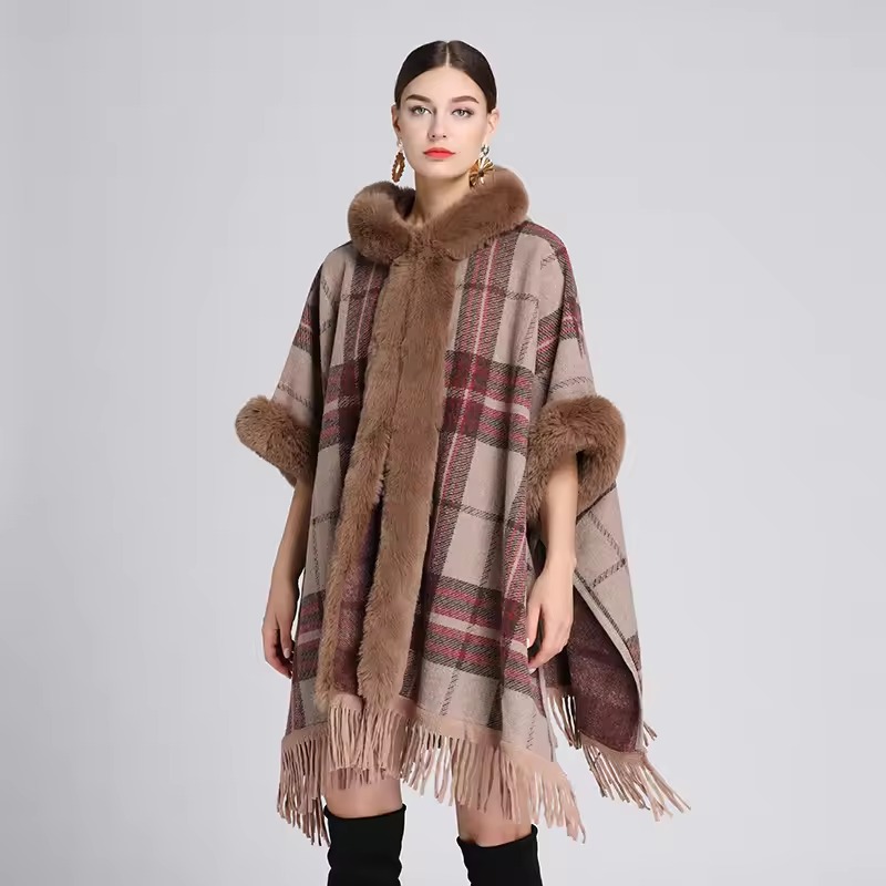 Luxury Plaid Cloak With Tassel Rex Rabbit Faux Fur Collar Wrap Cashmere