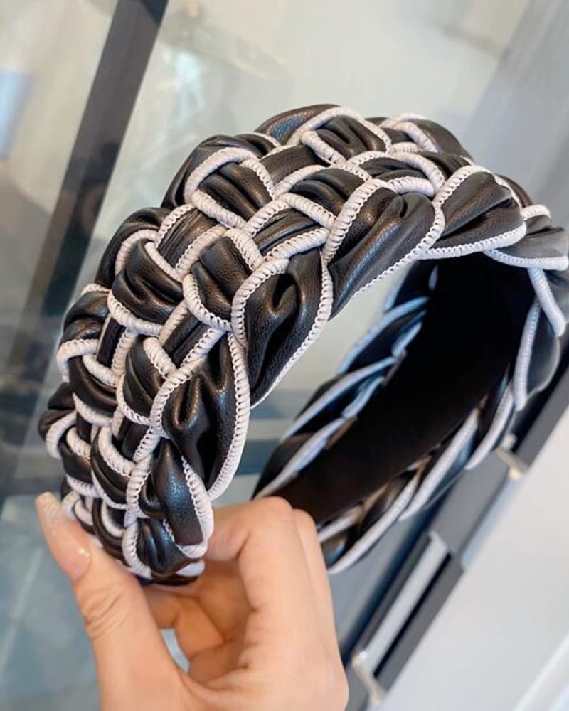 Casual Solid PU Leather Braided Hair Accessories Wide Side Hairband