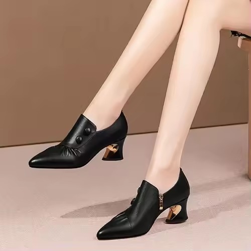 Elegant Pointed Toe Deep Mouth Striped High Thick Heel Shoes