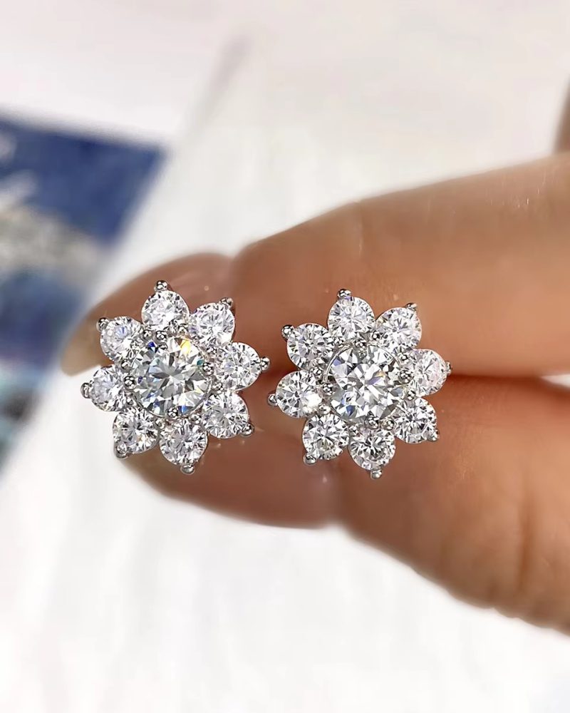 0.5CT Real 925 Sterling Silver Diamond Flower Stud Earrings