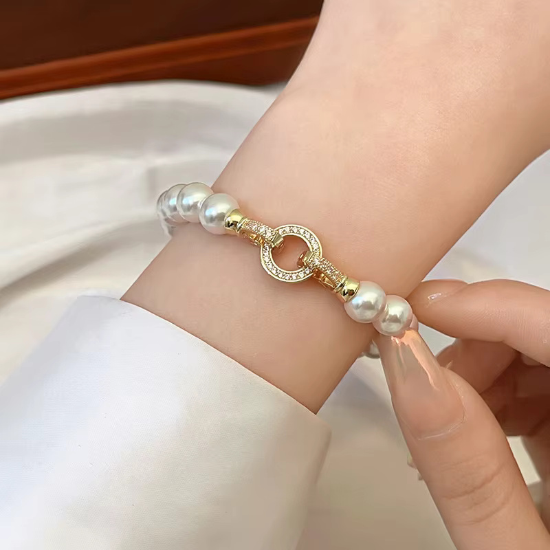 Elegant Round Buckle Imitation Pearl Beaded Micro Paved Zircon Bracelet