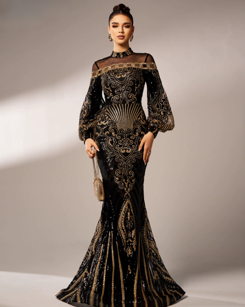 Sequin Geometric Round Neck Cocktail Evening Gown Birthday Party National Style Dress
