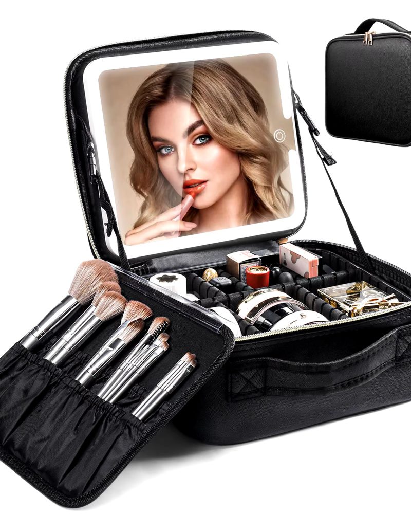 Travel Makeup Bag LED Lighted Mirror Makeup Train Case With Adjustable Dividers