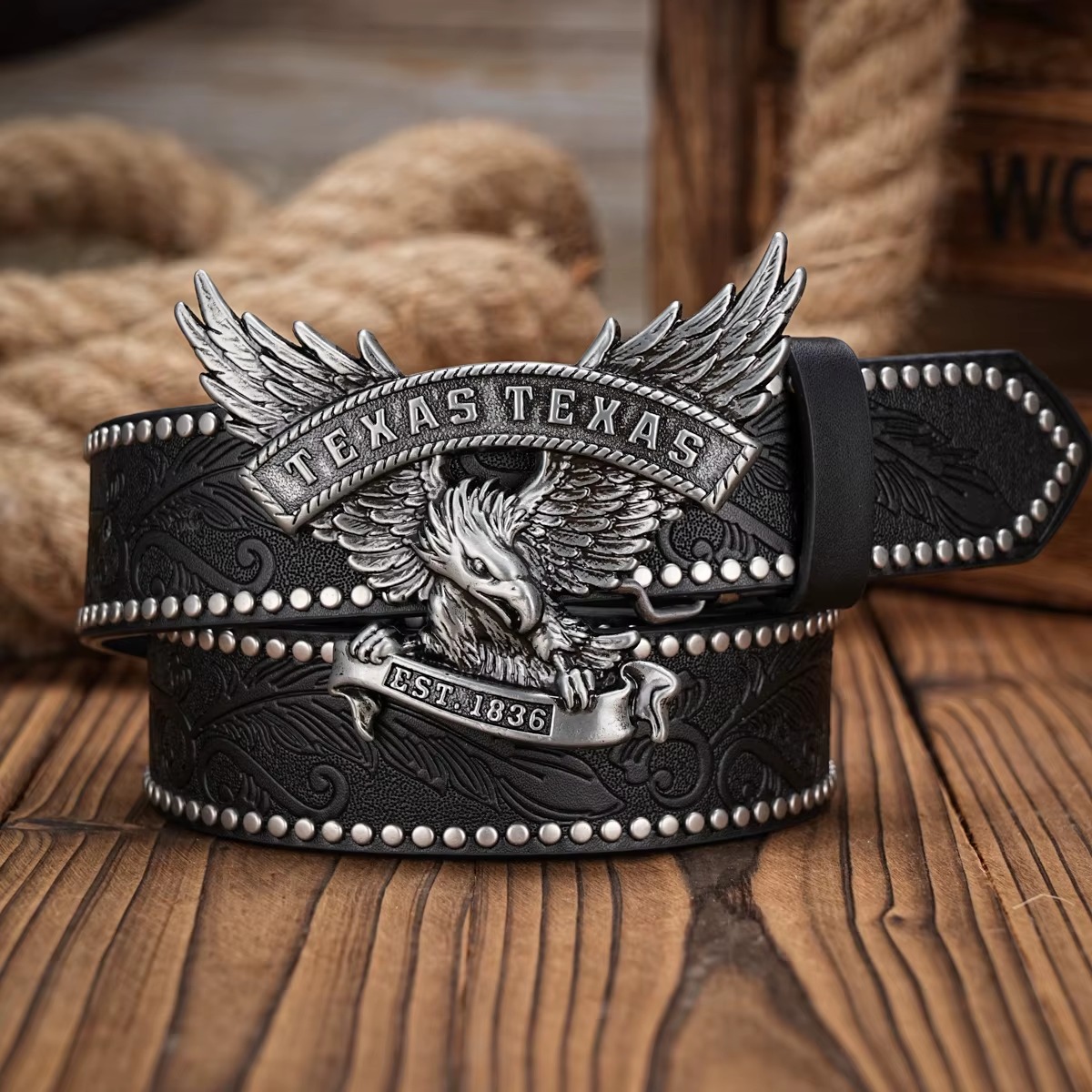 Vintage horse Floral Engraved Buckle PU Leather Belt for Jeans