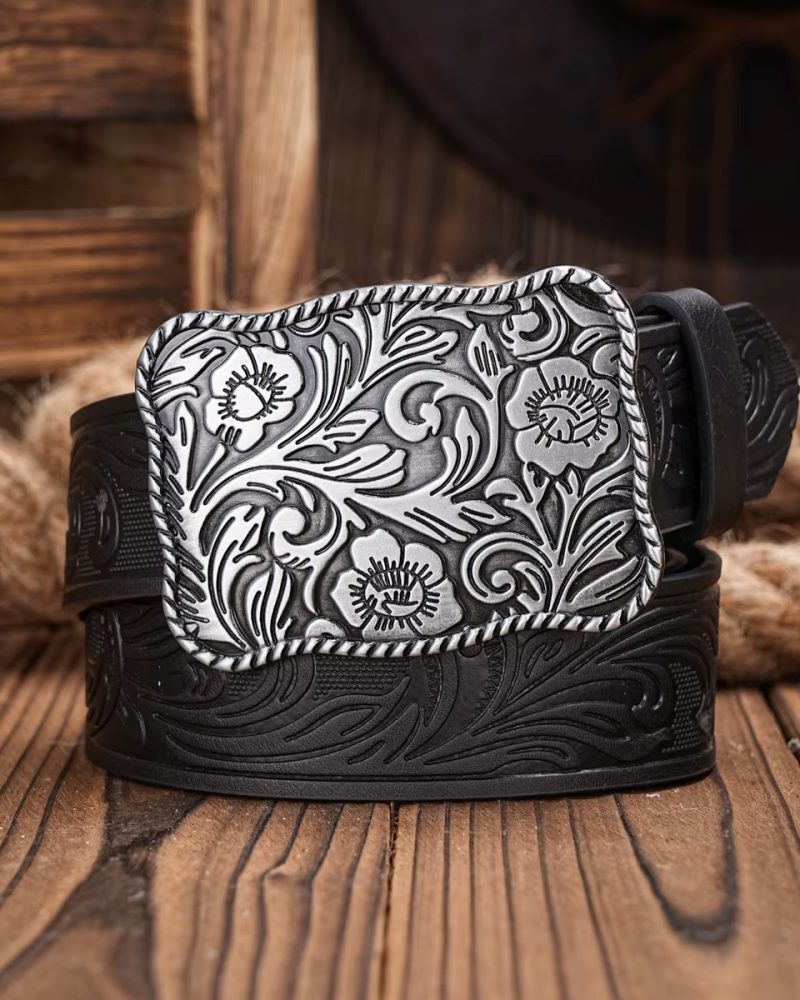 Western Cowboy PU Leather Waist Strap Bull Decoration Floral Engraved for Jeans