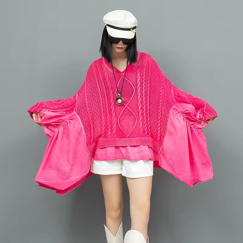 Worn Out Fried Dough Twists Wool Patchwork Ruffle Bat Sleeve Knitwear Sweater