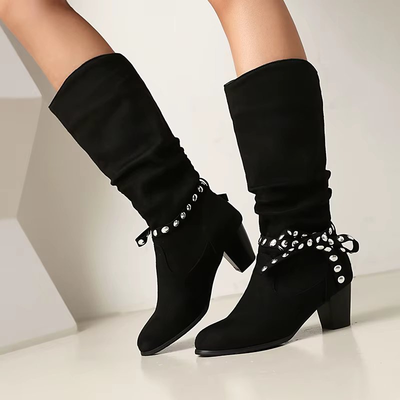Retro Round Toe Chunky Knee High Shoes