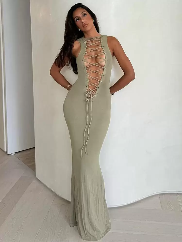 Casual Jewel Neck Sleeveless Polyester Cupless Bodycon Maxi Dress