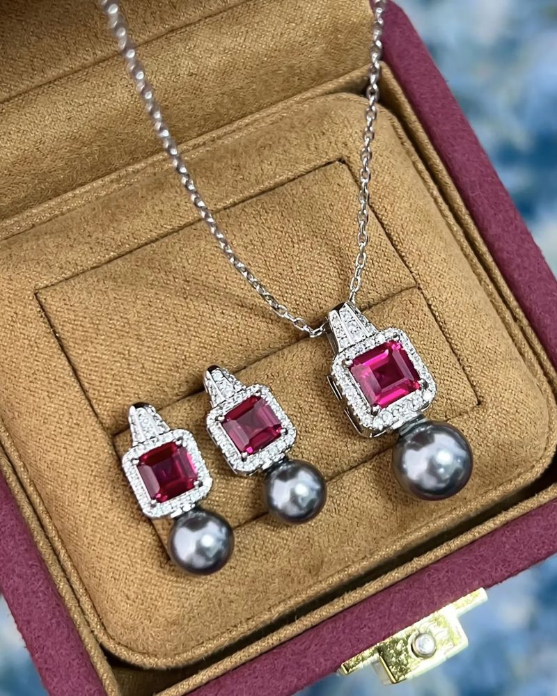 Classic Square Ruby Retro Pearl Earrings Necklace Wearing Jewelry Sets